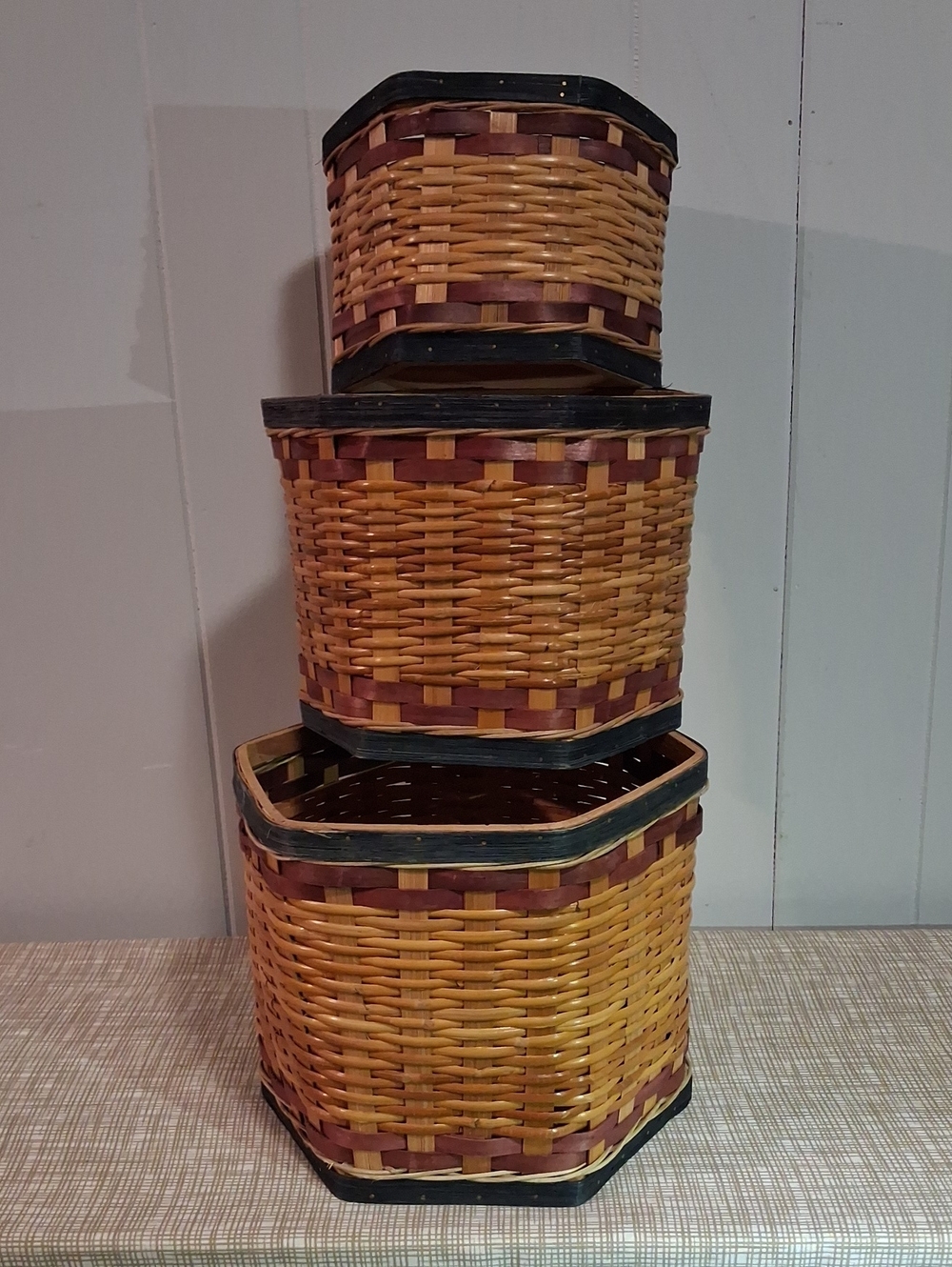 Vintage Woven Hexagonal Nesting Basket Set - Natural, Red, Blue